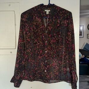 J Crew Silk Floral Ruffle Button Down Top